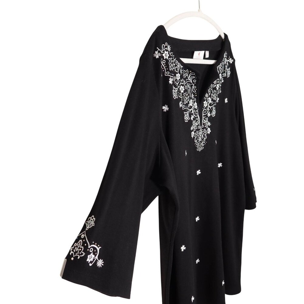 QUACKER FACTORY Embroidered Rhinestone 3/4 Sleeve Knit Tunic Top 1X Black White - Picture 2 of 10